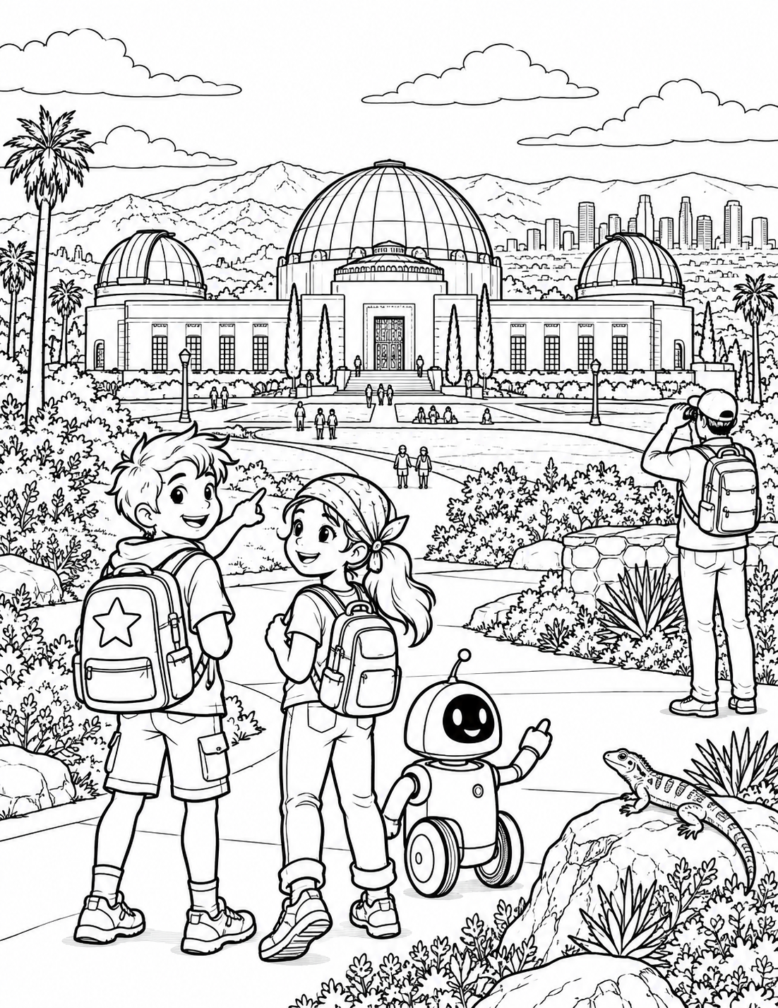 Griffith Observatory with young explorers, plants and a small wheeled robot.